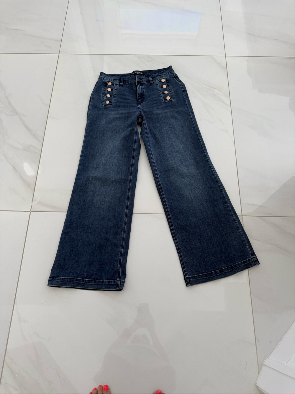 High-Rise Wide Leg Dark Blue Jeans with Front Button Detail